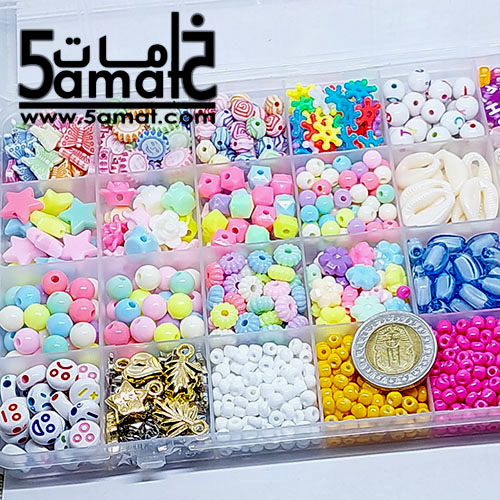 طقم ♥الخرز المتنوع 28 خانه ♥ منظم مستطيل13*22 ارتفاع 1.8 سم +خرز وحروف و لولي+ 4 ألوان تفسيره 4مم + تيدي بير+ دلايات + حلقات زرد + أقفال + بكره أستيك + بكره خيط صناره - الصورة 3