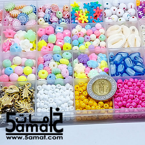 طقم ♥الخرز المتنوع 28 خانه ♥ منظم مستطيل13*22 ارتفاع 1.8 سم +خرز وحروف و لولي+ 4 ألوان تفسيره 4مم + تيدي بير+ دلايات + حلقات زرد + أقفال + بكره أستيك + بكره خيط صناره - الصورة 2