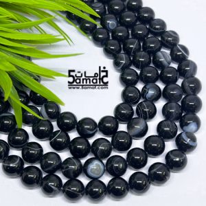 فرع عقيق ناعم أملس  سليماني أسود  – Banded Agate – مقاس 10- من 36 ل 38 حبه-  كود AG2026